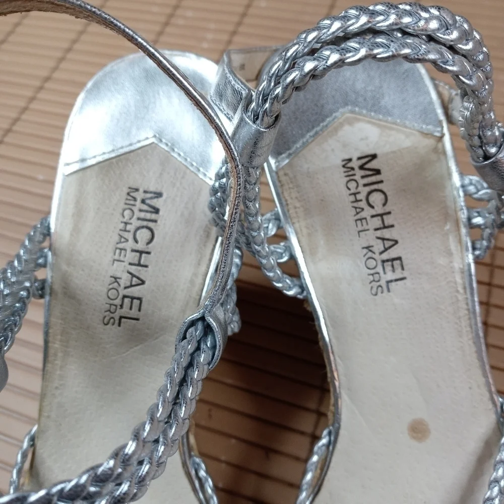 Michael Kors women's platform espadrille braided silver buckle straps. 4